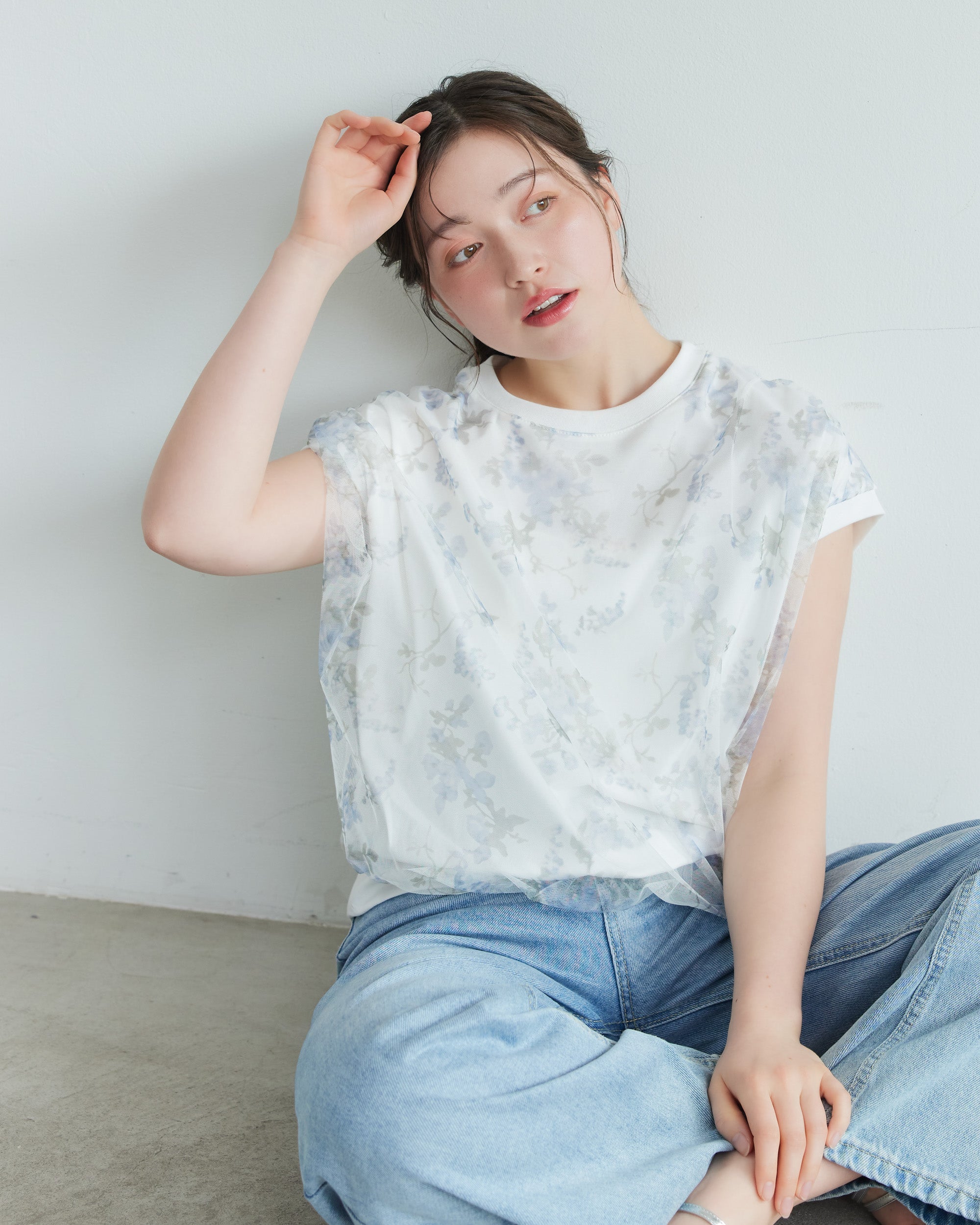 クールタッチフラワープリントチュールドッキングカットソー | anchic